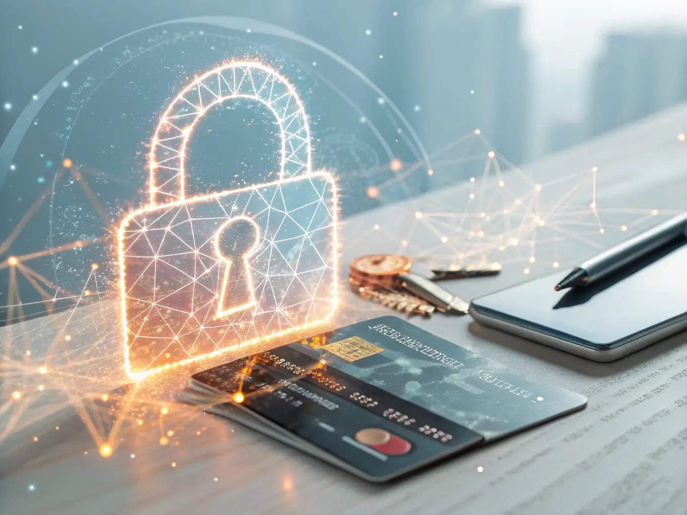 An image showing a secure digital transaction with encryption symbols, representing secure purchasing processes.